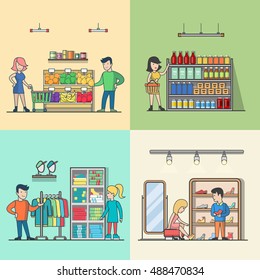Linear Flat People in supermarket, grocery shop, boutique vector illustration set. Woman, man, customer, seller characters. Casual shopping concept.