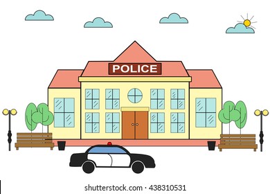 Linear (flat) police station. Linear police station with police car, benches, trees and lights