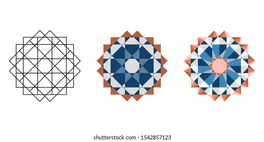 Símbolo geométrico oriental lineal, plano y polígonal. Mandala azul marrón. Patrón Kaleidoscope. Buena idea para vidrieras.