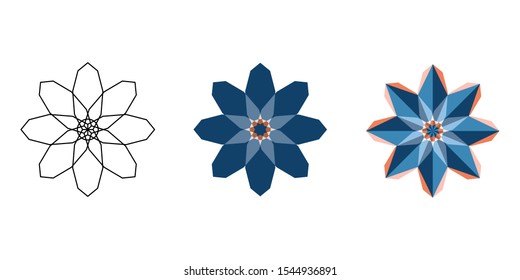 Linear, flat and polygonal oriental geometric symbol. Blue Brown Mandala. Kaleidoscope pattern. Good idea for stained glass windows.
