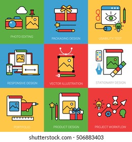 Linear Flat Portfolio, Photo editing, Packing, Responsive, Stationary, Product design vector illustration set. Project workshop concept.