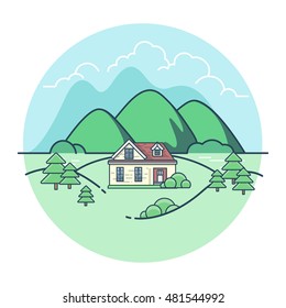 Linear Flat Pretty house among mountains and trees, green background vector illustration. Eco village, union with nature concept.