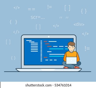 Linear Flat Programmer sitting on big laptop coding vector illustration. Technology and software, APP concept.
