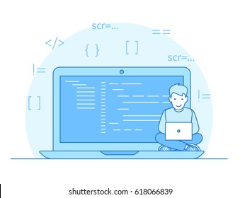 Linear Flat Programmer sitting on big laptop coding vector illustration. Technology and software, APP concept.