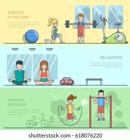 Linear flat Relaxation, Exercise in the Gym and Outdoor infographics template vector illustration. Sport and health life concept. Woman, man pumping iron, sitting in Zen pose, girl jumping rope.