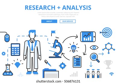 Linear flat RESEARCH + ANALYSIS infographics template and icons website hero image vector illustration. Test and development concept.