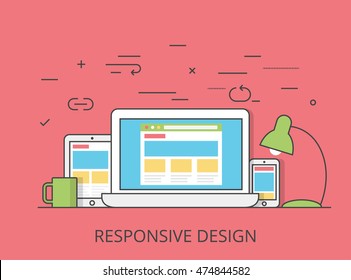 Linear Flat responsive web design layout website hero image vector illustration. App programming technology and software concept. Tablet, laptop, smartphone with wireframe.