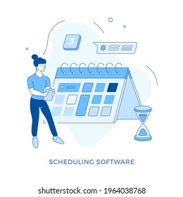 Linear flat Scheduling software concept vector illustration. Female cartoon character standing near huge desk planner calendar and setting event data or task. Personal organizer. Business planning