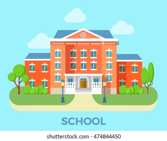 Linear Flat school building facade entrance vector illustration. Welcome back to education concept.