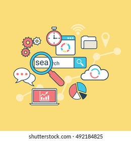 Linear Flat SEO optimization, laptop, diagram, cloud, gearwheel, search icon and chat bubble vector illustration. Analysis, database statistic system, search engine optimize concept.