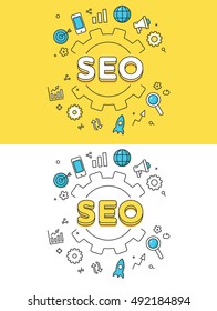 Linear Flat SEO word over gearwheel and icons website image vector illustration set. Search Engine Optimization and web site promotion concept.