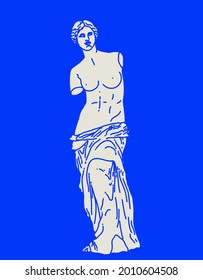 Esbozo plano lineal de la estatua antigua de Venus de Milo en color blanco aislado en fondo azul. Ilustración del vector