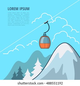 Linear Flat Ski resort lift with snowy background vector illustration. Winter mountain vacation and sports concept. Copyplace for your text.