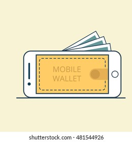 Linear Flat Smartphone with banknotes and Valet on Mobile screen vector illustration. Comfortable money transfer service concept. 