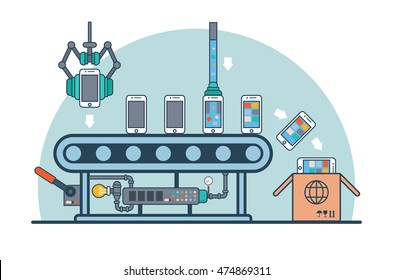 Linear Flat smartphones on conveyor fueling with firmware and software vector illustration. Mobile phone production line and packaging concept.