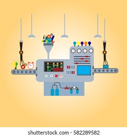 Linear Flat smartphones on conveyor fueling with firmware and software vector illustration.  Conveyor transporter.  Mobile phone production line and packaging concept.
