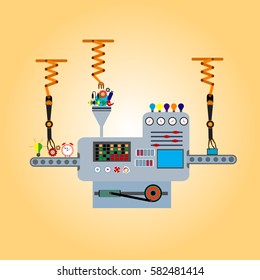 Linear Flat smartphones on conveyor fueling with firmware and software vector illustration.  Conveyor transporter.  Mobile phone production line and packaging concept.
