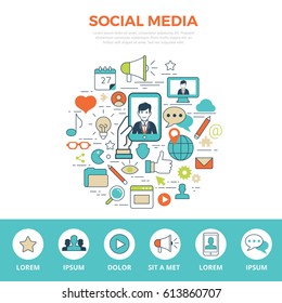 Linear flat SOCIAL MEDIA infographics template and icons website hero image vector illustration. Global social network and communication concept.