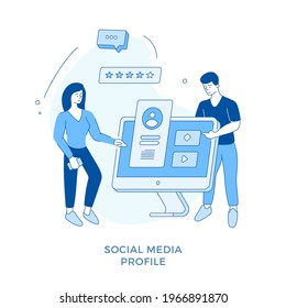 Linear flat social media profile concept illustration. Female cartoon character editing profile information with social media mobile application. Flat vector illustration