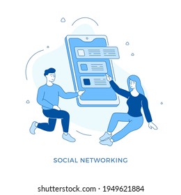 Linear flat Social networking communication concept illustration. Male and female cartoon characters sitting next to large smartphone and chatting. Couple using app smartphone for messaging