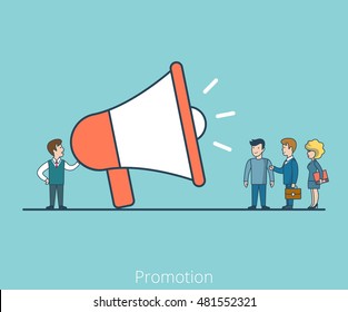 Discurso plano lineal de promotor con un enorme teléfono de altavoz a ilustraciones vectoriales de gente de negocios. Concepto de promoción empresarial.