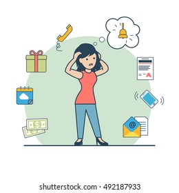 Mujer joven con la cabeza en pánico, campana en una burbuja de pensamiento y tareas alrededor de la ilustración vectorial. Límites de memoria, concepto de plazo. Dinero, programación, datos, mensajes, iconos de documento.