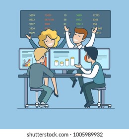 Concepto de vectores de interiores de oficina de oficina lineal de estilo plano. Equipo de trabajo de visión trasera trasera del empresario del equipo. Gráfica pantalla de PC, placa con números. Trabajo en equipo de hombres y mujeres de negocios.