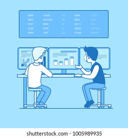 Linear flat style business workplace office interior vector concept. Two businessman rear back view working computer. Graph chart diagram on PC screen, board with numbers. Businesspeople illustration.