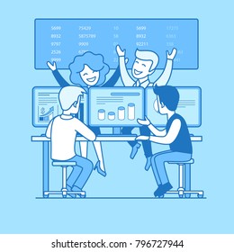 Linear flat style business workplace office interior vector concept. Team businessman rear back view working computer. Graph PC screen, board with numbers. Happy win businesspeople teamwork.
