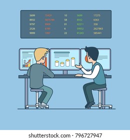 Linear flat style business workplace office interior vector concept. Two businessman rear back view working computer. Graph chart diagram on PC screen, board with numbers. Businesspeople illustration.