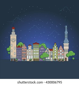  Linear flat style of old Dutch street of beautiful houses, the tower and the Town Hall
