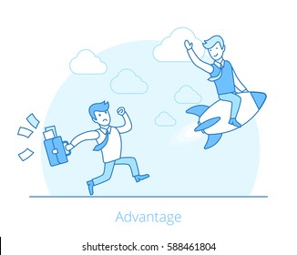 Linear Flat successful businessman on rocket, angry competitor tries to catch web infographics vector illustration. Competitive advantage business and marketing concept