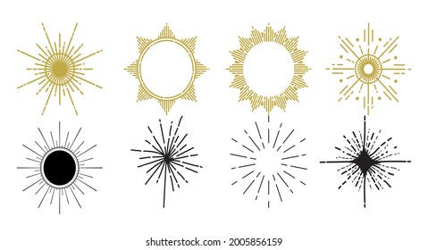 Designkollektion mit linearen flachen Sonnenburgen auf weißem Hintergrund