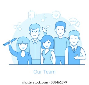 Linear Flat Team of young man and woman vector illustration. Business Teamwork concept