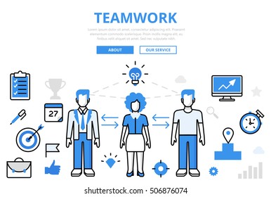 Linear flat TEAMWORK infographics template and icons website hero image vector illustration. Business team concept.