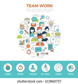 Linear flat TEAMWORK infographics template and icons website hero image vector illustration. Business team concept.