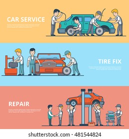 Linear Flat Technical car diagnostic, dismantling and repair service concepts set of website hero images. Tire fix, motor and battery test vector illustration. Mechanic workers happy client characters