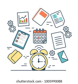 Linear flat TIME MANAGEMENT infographics template and icons website vector illustration. Business concept. Alarm clock, gear, check list, summary, folder, portfolio, document