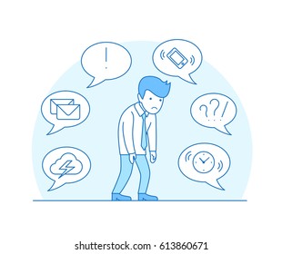 Linear Flat tired businessman shambles from fatigue; phone, storm cloud, mail, clock on chat babbles around vector illustration. Business deadline, multitasking concept.