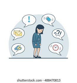 Linear Flat tired businesswoman shambles from fatigue; phone, storm cloud, mail, clock on chat babbles around vector illustration. Business deadline, multitasking concept.
