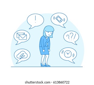 Linear Flat tired businesswoman shambles from fatigue; phone, storm cloud, mail, clock on chat babbles around vector illustration. Business deadline, multitasking concept.