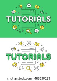 Linear Flat Tutorials word over window interface and icons website hero image vector illustration. Education and Training concept header.