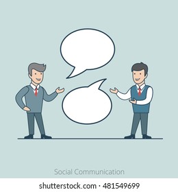 Linear Flat Two businessman chat, share information vector illustration. Empty talk bubbles to place your text. Social Communication concept.