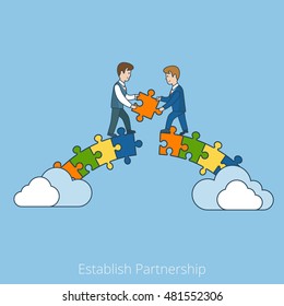 Linear Flat Two businessmen building bridge with puzzle pieces vector illustration. Establish Partnership business concept.