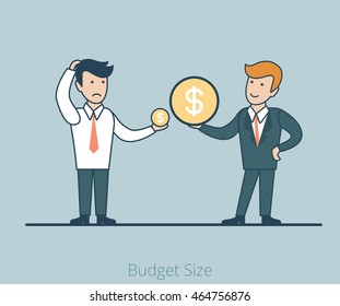 Linear Flat Two businessmen measuring money (income or investments) vector illustration. Budget size contrast in business concept.