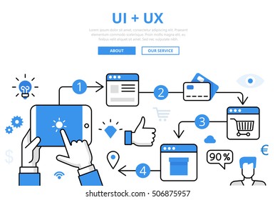 Linear flat UI + UX infographics template and icons website hero image vector illustration. Online store concept.