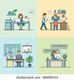 Linear Flat variations of office rooms with furniture and businesspeople vector illustration set. Secretary, manager, accountant, analyst characters. Office life concept.