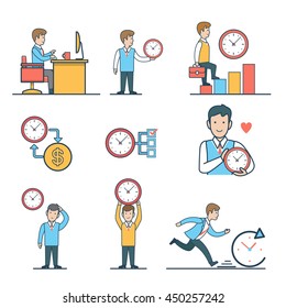 Linear flat vector business people time management icon set. Working at workplace, measuring time sheet, time-is-money, deadline rush illustrations.