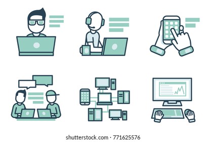 Linear flat vector illustration set. Web developement, programmers, mobile apps, communiaction, ui. Simple icons, linear stroke, blue colors. Suitable for print, website, presentation. Editable stroke