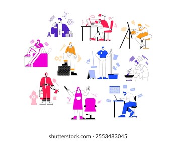 A linear flat vector isolated illustration depicting people working in different industries, professional workers in their fields. Chemist, hairdresser, programmer, architect, artist, graphic designer